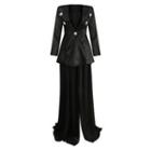 Set: V-neck Rhinestone Blouse + Side-slit Maxi Skirt