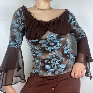 Printed Long Sleeve Square Neck Mesh Top