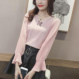 Pleated Trim Faux Suede Pullover