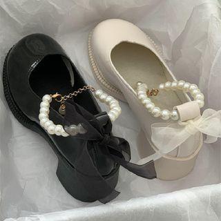 Faux Pearl Ankle Strap Flat Shoes