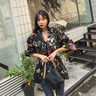 Stand-collar Floral Jacket With Sash