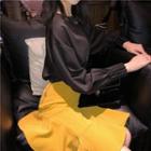 Plain Long-sleeve Top / Ruffle Hem A-line Skirt