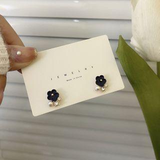 Heart Rhinestone Stud Earring 1 Pair - S925 Silver - Black - One Size