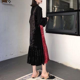 Color-block Convertible V-neck Velvet Spaghetti Strap Dress