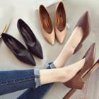 Pointed Genuine Leather Block Heel Pumps