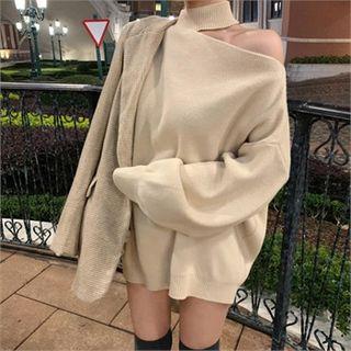 Mock-neck Cutaway-shoulder Sweater Beige - One Size
