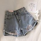 Distressed High-waist Denim A-line Shorts