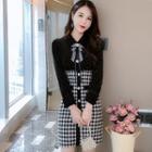 Long-sleeve Dotted & Houndstooth Panel Sheath Dress