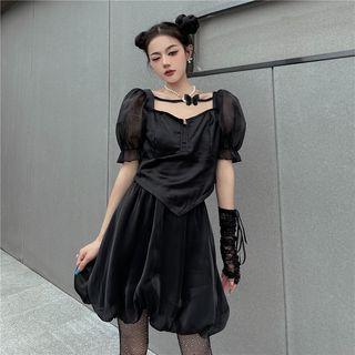 Set: Puff-sleeve Asymmetrical Blouse + A-line Balloon Skirt
