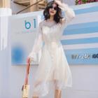Set: Tie Waist Long-sleeve A-line Dress + Slipdress