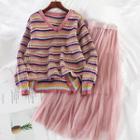 Set: Striped V-neck Knit Top + Mesh Midi Skirt Pink - One Size
