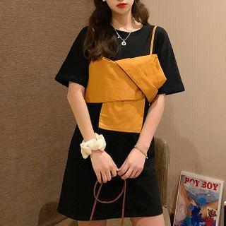 Set: Elbow-sleeve T-shirt Dress + Spaghetti Strap Knotted Top