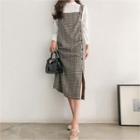 Button-side Plaid Long Pinafore Dress Check - One Size