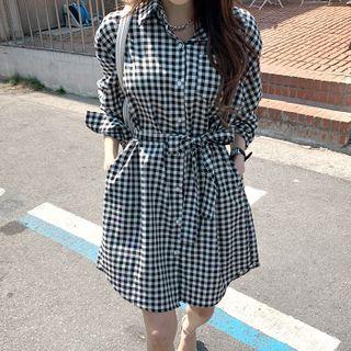 Pocket-side Gingham Shirtdress With Sash Black - One Size