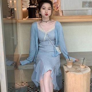 Spaghetti Strap Gingham Midi Mermaid Dress / Cardigan