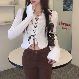 Long-sleeve Lapel Asymmetrical Lace-up T-shirt