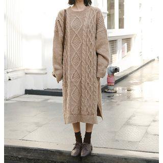 Side Slit Midi Long-sleeve Cable Knit Dress