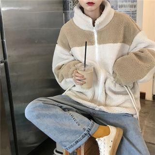 Stand-collar Color-block Fleece Coat As Shown In Figure - One Size