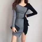 Color Block Long-sleeve Bodycon Dress Gray & Black - One Size