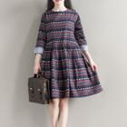 Patterned Long Sleeve Dress With Belt