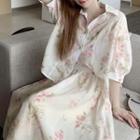 Puff-sleeve Floral Print Shirt / Midi A-line Skirt