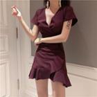 Plain V-neck Ruffle Short-sleeve Slim-fit Dress