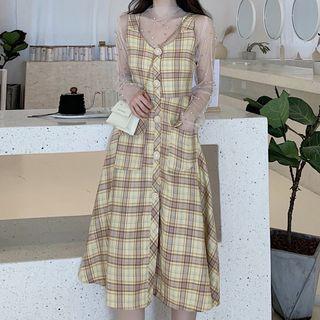 Long-sleeve Beaded Mesh Top / Plaid Midi Pinafore Dress