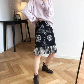 Fringed Hem Knitted Pencil Skirt
