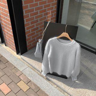 Bishop-sleeve Fluffy Sweater Gray - One Size