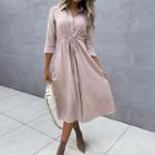 Elbow-sleeve Drawstring Midi Shirtdress