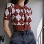 Two Tone Plaid Button-up Knit Cropped Top
