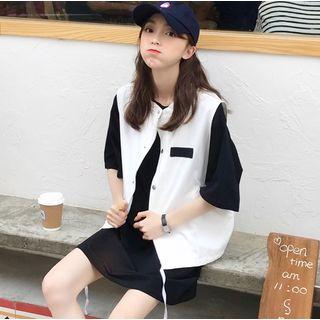 Elbow-sleeve T-shirt / Buttoned Zip Vest