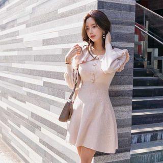 Puff-sleeve Ruffled Collar Knit Dress