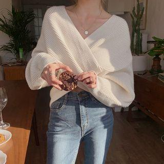 Dolman-sleeve Rib-knit Wrap Top