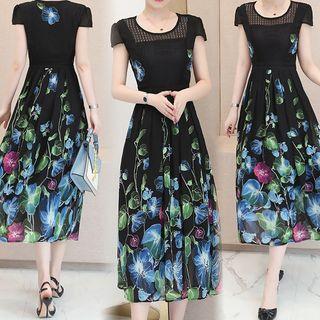 Lace Panel Printed Cap-sleeve Midi Dress