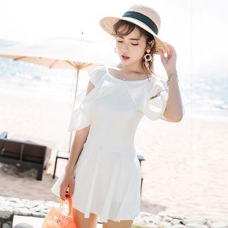 Plain Frill Trim Cut Out Shoulder Swimdress