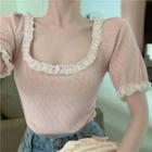 Eyelet Trim Short-sleeve Pointelle Knit Top Pink - One Size