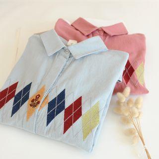 Long-sleeve Argyle Floral Embroidered Shirt