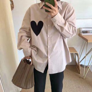 Heart Embroidered Striped Long-sleeve Shirt