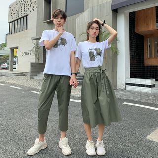 Couple Matching Short-sleeve Printed T-shirt / Cropped Pants / A-line Midi Skirt