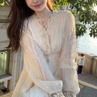 Long-sleeve Lace Panel Button-up Midi A-line Dress