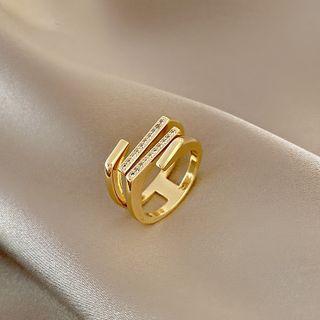 Rhinestone Layered Alloy Open Ring J436 - Gold - One Size