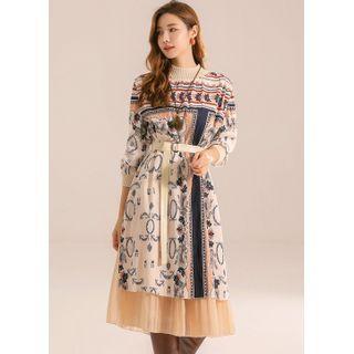 Chiffon-layered Midi Patterned Dress With Belt Beige - One Size