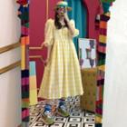 Checked Elbow-sleeve Midi A-line Dress