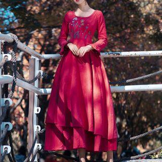 Long-sleeve Ruffled Embroidered Dress