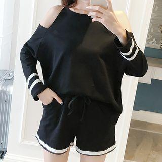Set: Contrast Trim Cut Out Shoulder Long Sleeve T-shirt + Shorts