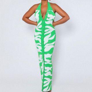 Sleeveless Printed Collared Maxi Knit Sheath Dress