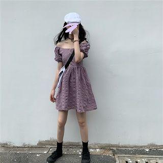 Plain Puff-sleeve Off-shoulder A-line Dress Purple - One Size