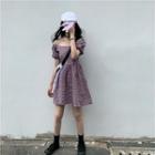 Plain Puff-sleeve Off-shoulder A-line Dress Purple - One Size