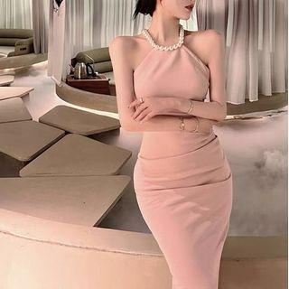 Halter Faux Pearl Asymmetrical Sheath Dress